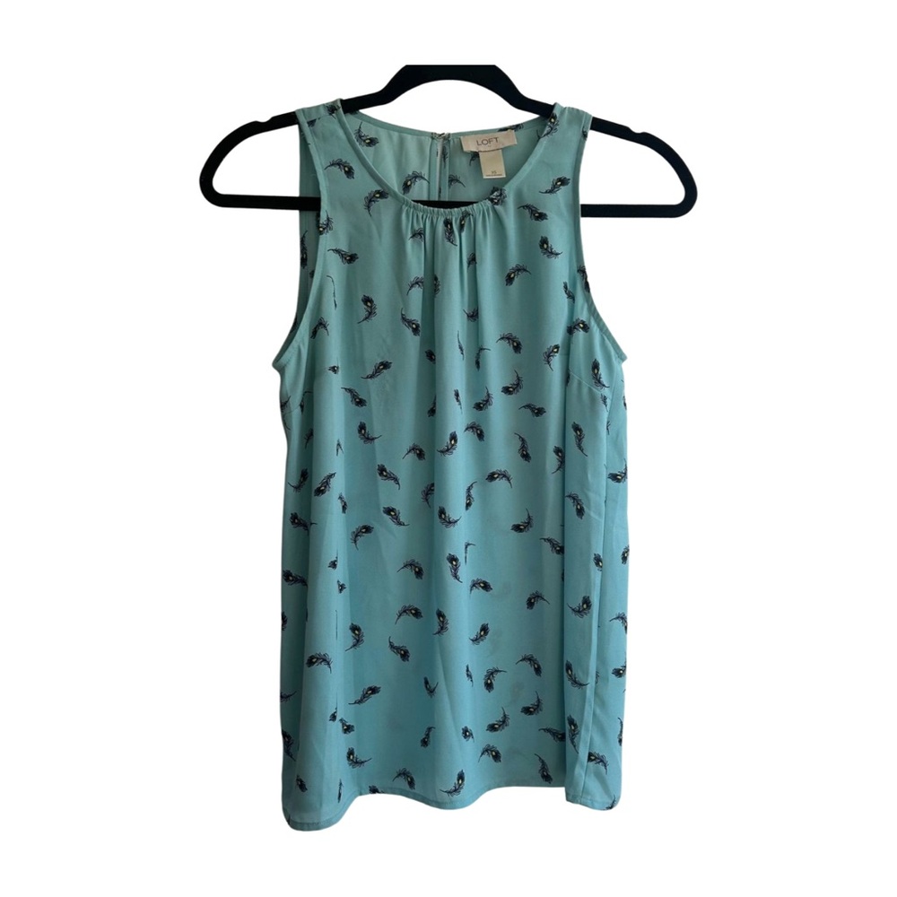 LOFT Teal Sleeveless Blouse with Peacock Feather Print  Office to Weekend Top
